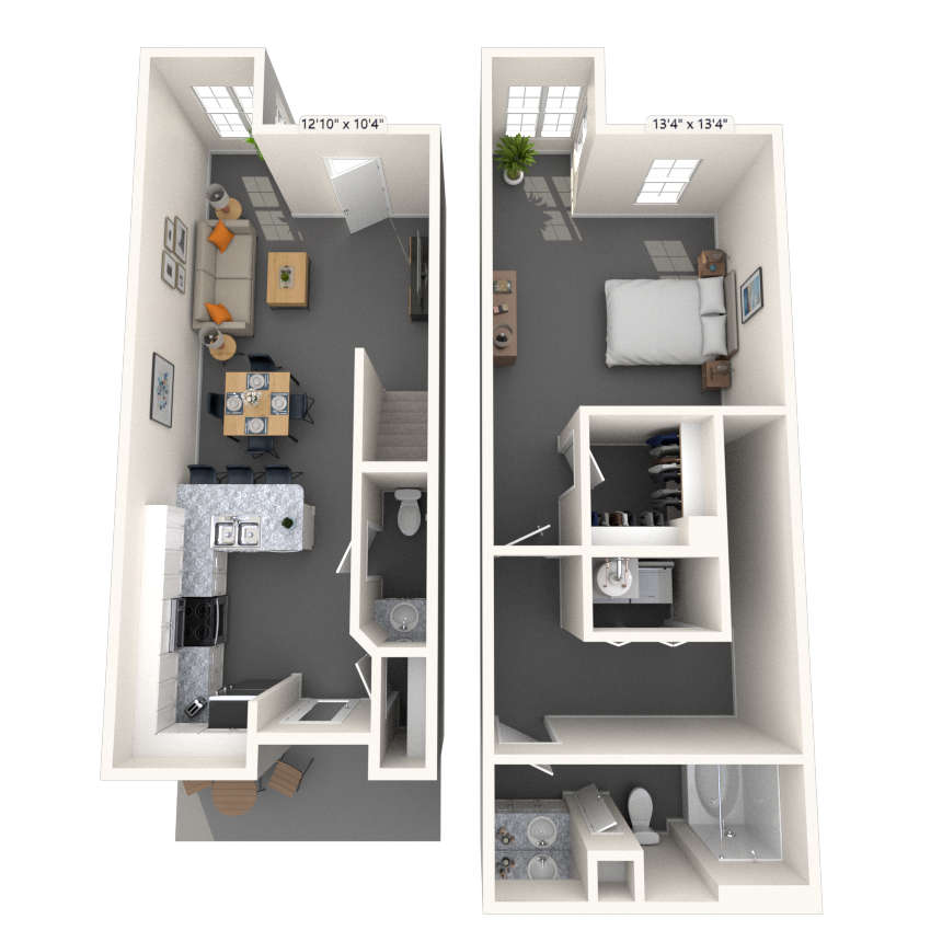 Floor plan for 1 bed, 1.5 baths, 910 sqft